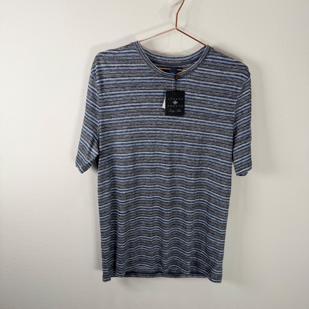 Joseph Abboud Indigo Blue Mens Medium Striped 100% Linen Short Sleeve T-Shirt